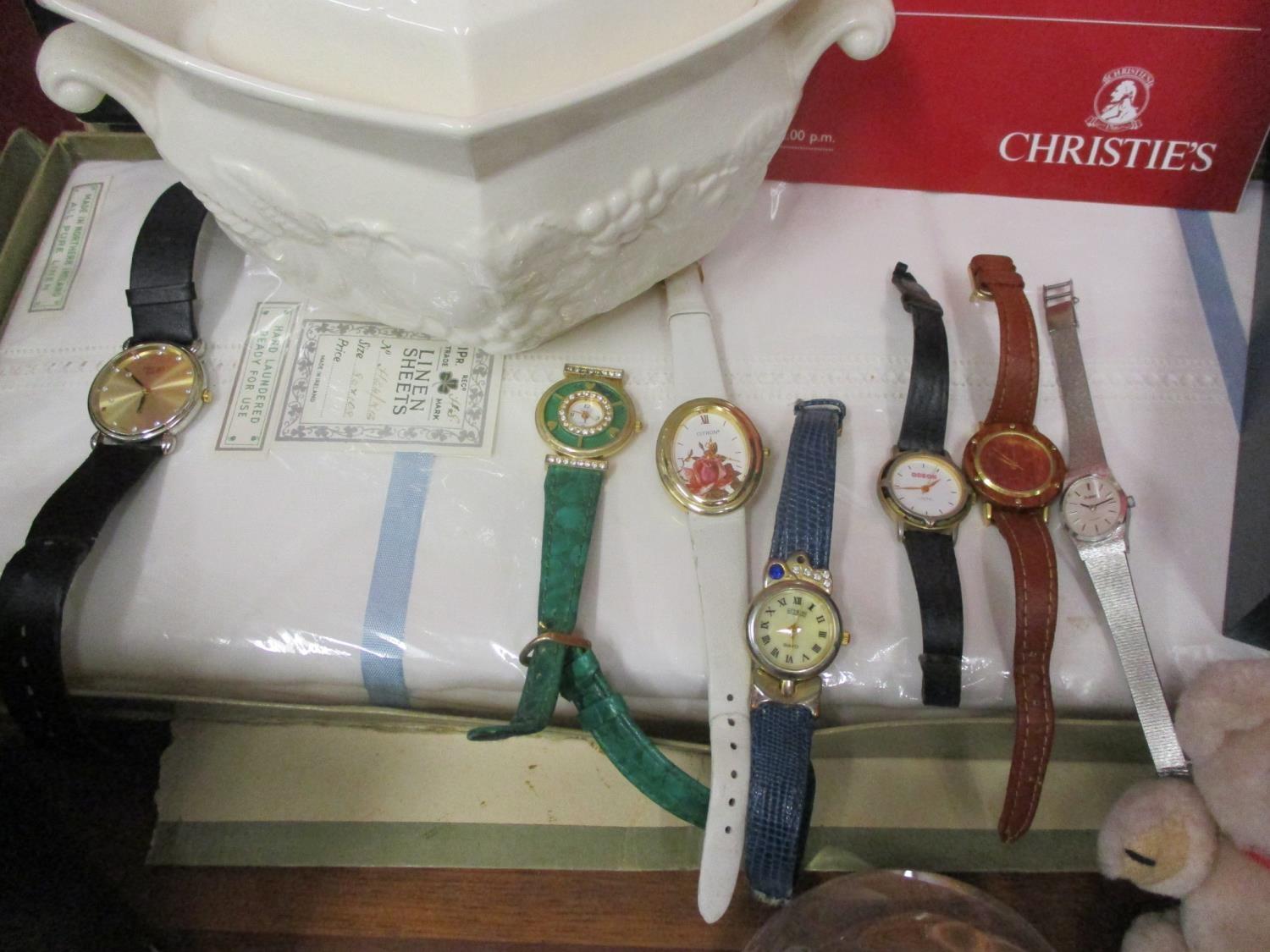 Vintage unopened Irish linen sheets, late 20th century watches A/F, a child's musical jewellery box, - Image 4 of 6