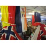 Five large fabric flags to include a South African flag, a German flag, France and Norway