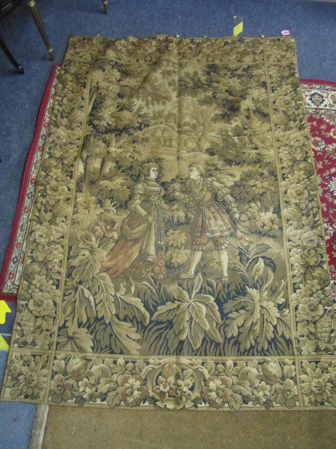 An early to mid 20th century Flemish wall hanging tapestry decorated with a courting couple in a - Image 2 of 8