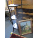 An early 20th century mahogany folding cake stand, together with a Vivienne Adams oil on board of