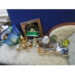A mixed lot to include two painted metal door stops, a banker desk lamp, a framed Quartz wall clock,