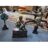 Three reproduction Art Deco style figures on marble bases, together with a poster figure of a baby