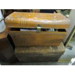 Two metal twin handled trunks, one containing mixed items to include a boxed 500w security