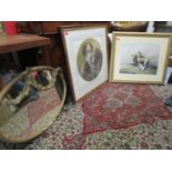 A late 19th Century / early 20th Century gilt framed wall mirror, an oval print of three dogs