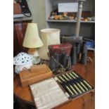 A mixed lot to include three table lamps, two treen boxes, Carl Zeiss binoculars, Leberman