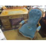 A Victorian oak twin pedestal desk, together with a walnut salon armchair