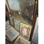 Mixed pictures to include G Baird Fraser - watercolour depicting a village scene with a pond, signed