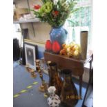 Decorative household items to include a silk flower display in blue pottery vase, and a gold painted