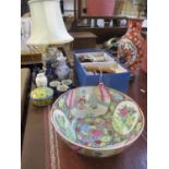 Mixed oriental items to include a pottery teaset, a Japanese bowl and a modern table lamp
