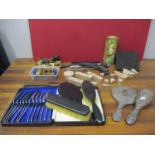 Silver backed dressing table items, an air pistol, various handles and printing blocks