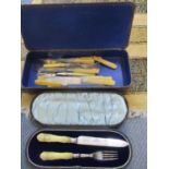 A cased silver knife and fork with ivory handles and mixed fish forks and knives