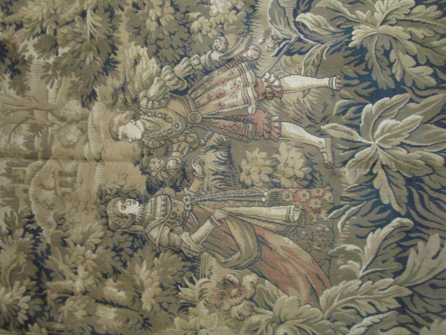 An early to mid 20th century Flemish wall hanging tapestry decorated with a courting couple in a - Image 4 of 8