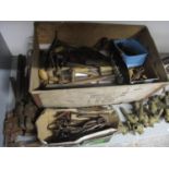 A selection of mainly vintage tools to include wrenches, hand crank drills, brass barrel taps and