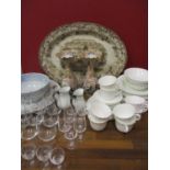 Ceramics and glassware to include a Wedgwood part breakfast set, a Victorian meat plate, a Delft