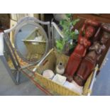 Two carved hardwood African figures, a silver painted dressing table mirror and other items