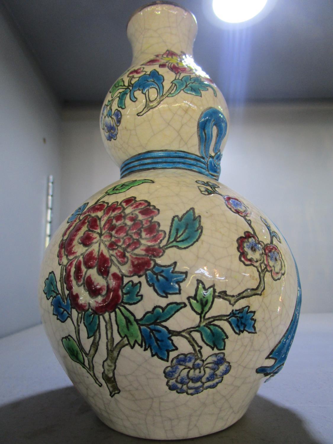 A Longwy double gourd pottery vase with resized floral enamelled decoration on a crackle glazed - Image 4 of 6