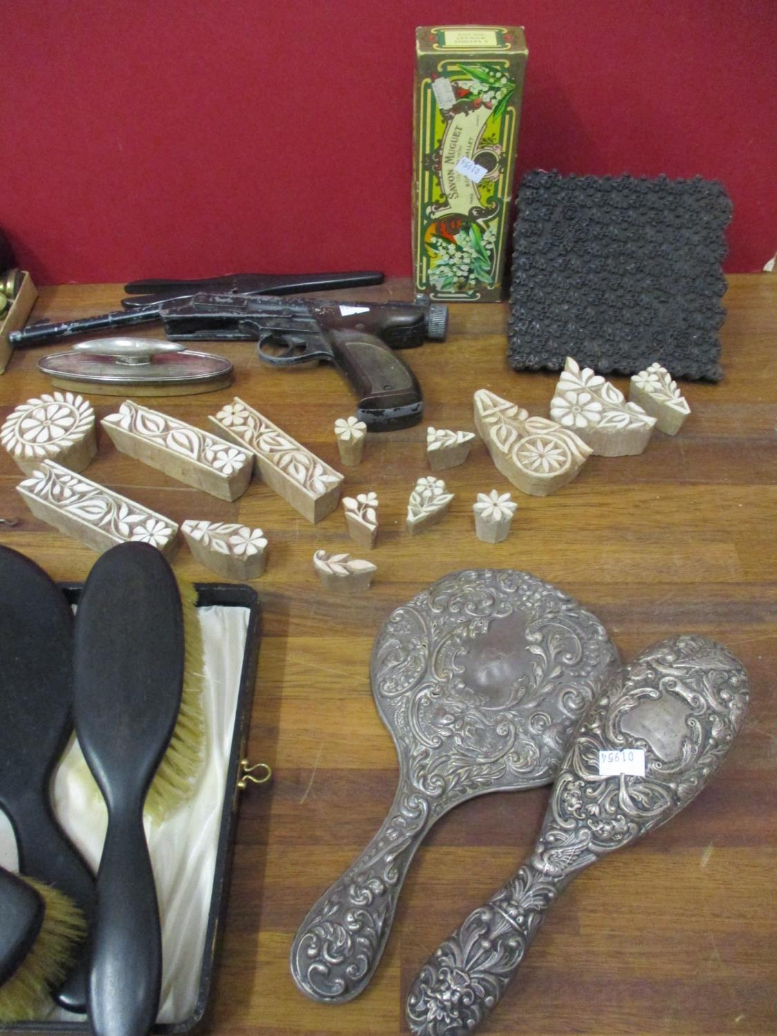 Silver backed dressing table items, an air pistol, various handles and printing blocks - Image 6 of 8