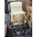 An IKEA cream leather Poang chair and footstool, together with a towel rail, Chinese rug and a stick