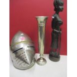 A reproduction suit of armour helmet and other items