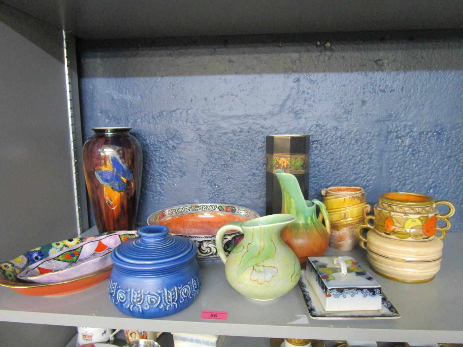 A selection of art duo ceramics to include a Charlotte Rhead Crown Ducal vase, tube lined