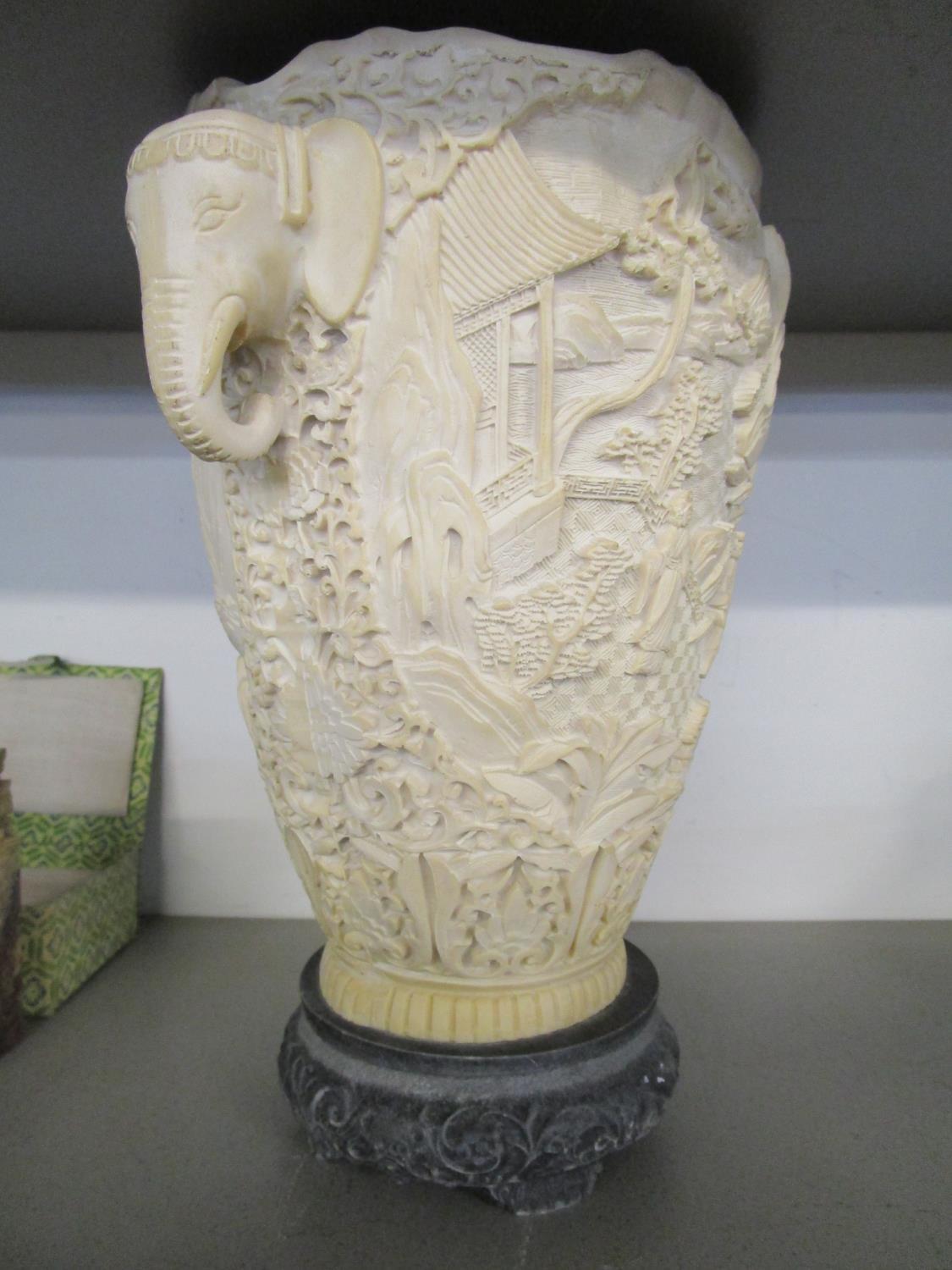 A composition Asian style vase with elephant mask handles and a Chinese boxed set of two carved - Image 6 of 6