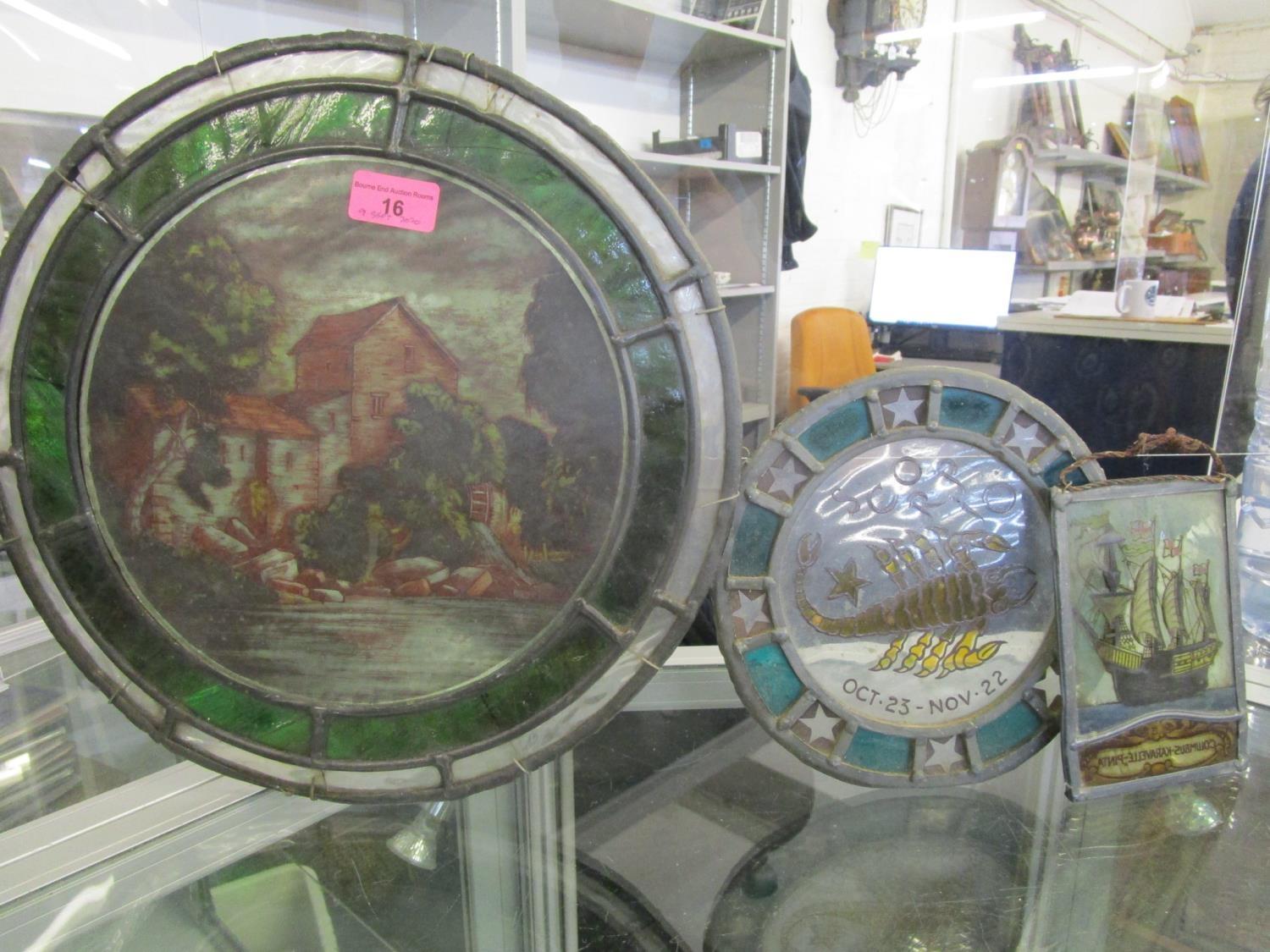 An early 20th century stained glass roundel depicting a mill house by a river, and two other later - Image 2 of 6