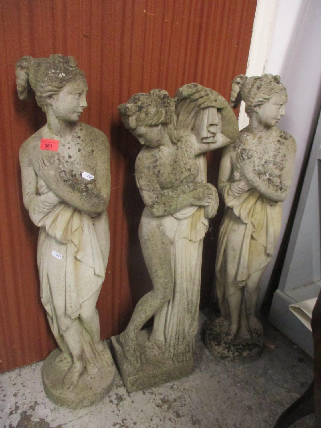 Three composition stone garden statues of females 32" H