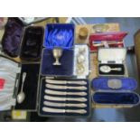 A mixed selection of Victorian and later silverware, some in cases, to include a set of six silver