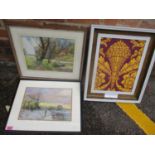 Two watercolours, one signed and dated and a framed section of vintage hand blocked wall-paper