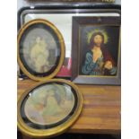 A Victorian ebonized framed overmantle mirror, a religious picture oil on panel and two 19th century