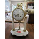 A French white alabaster and guilt metal mantle clock, movement striking on a bell (with key) A/F