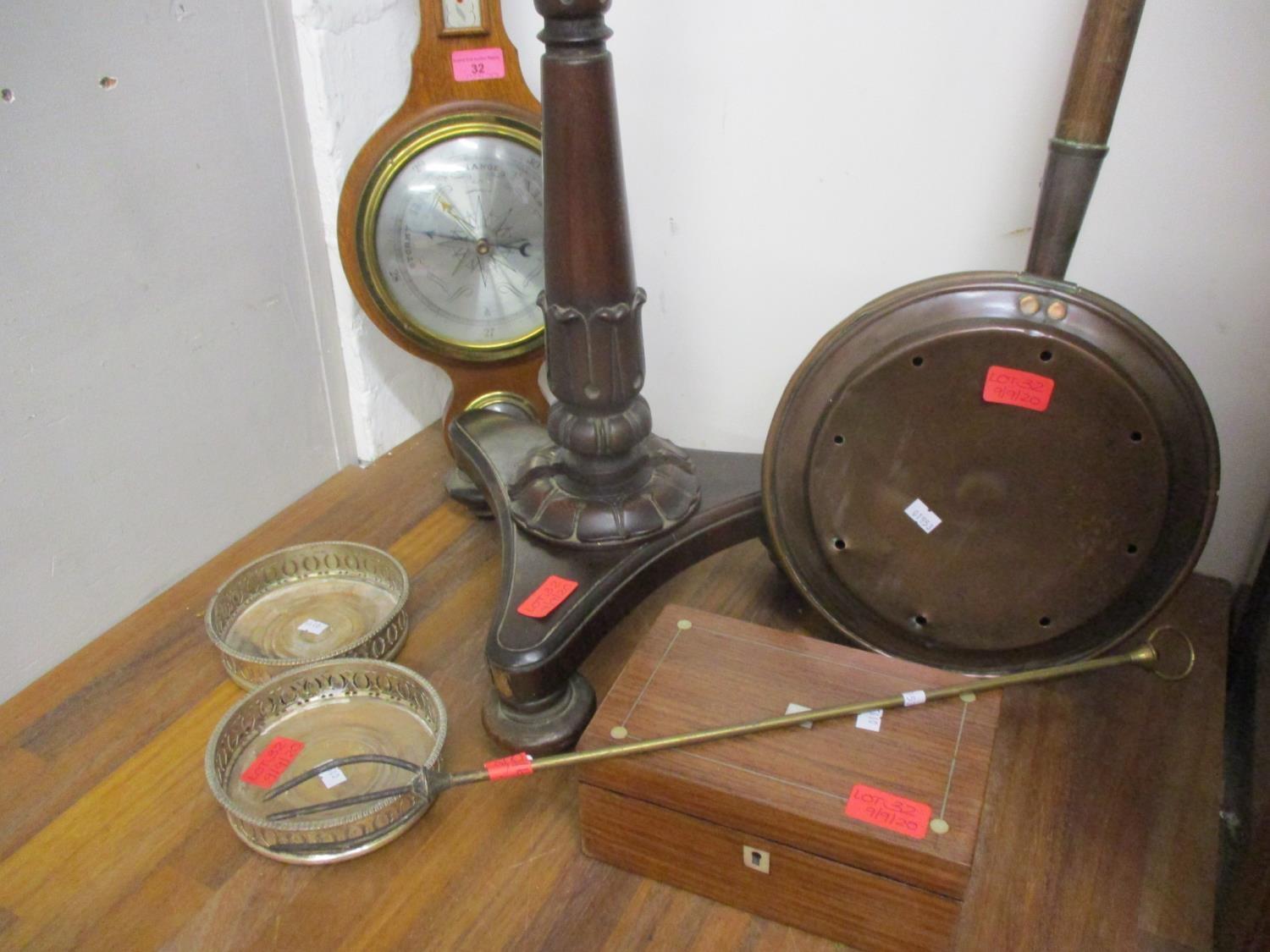 A Regency mahogany pole screen, a barometer, a pair of wine bottle coasters, a warming pan, a - Image 3 of 6