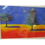 Paul Powis - a field with a tree acrylic. Framed and glazed