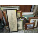 Pictures and mirrors to include embroideries, a Japanese print of horses, various other prints and