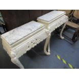 A pair of white painted Chinese console tables with marble tops (adapted from an occasional table)