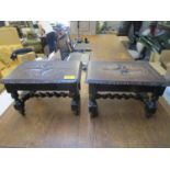 A pair of carved oak footstools with barley twist stretchers