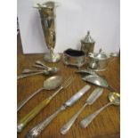 A small quantity of silver items to include a Georgian silver spoon and decanter labels, total