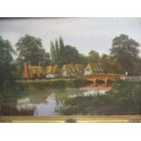 Malcolm Gearing - Cottages over the Bridge, oil on canvas, 35 x 24", signed lower right hand corner,