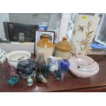 Ceramics, stoneware bottles, glassware to include a Wallace and Sanders art glass vase, Falcon