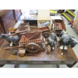 A collection of Melba ware and others, model cart horses and wooden carts