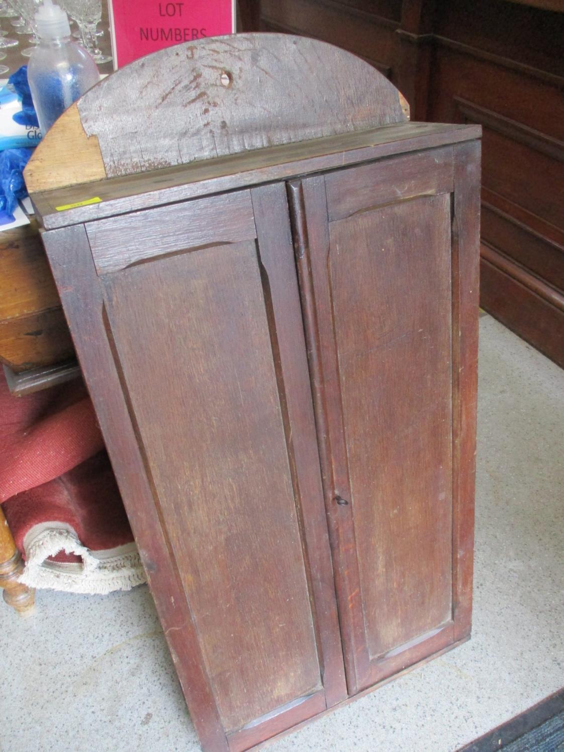 A 1930s oak finished, twin door, wall mounted tool cabinet, containing a small assortment of tools - Image 2 of 2