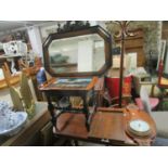 Small furniture to include a Victorian carved oak hall chair, a mirror, two trays and an aneroid