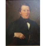 English School - a 19th century portrait of a gentleman with a gold and ruby ring on his right hand,