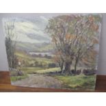 E Charlton Taylor - a country scene with a lake, oil on board, 16" x 20", unframed