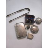 Silver and collectables to include a stamp box, sugar tongs, a cigarette case and other items