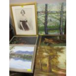 Pictures to include Heather Gallagher - a river scene, oil on board, a fox, a crop and spurs, oil on