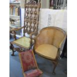 Small furniture to include a Jacobean style chair, an early 20th century mahogany framed chair A/F