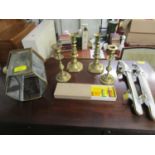 A mixed lot to include two pairs of brass candlesticks, a hall lantern, boxed Dinky Toys no 49,