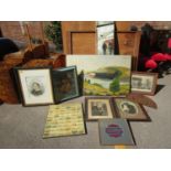 A mixed lot of pictures to include two oil paintings, a 19th century print framed and glazed