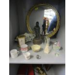 A mixed lot to include an inlaid mahogany Edwardian mantle clock, ceramics, cups, a clock, a